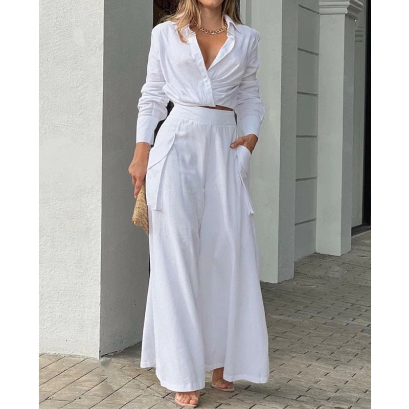 Shirt Long Pants Suits 2 Piece Set Women Long Sleeve Shirt Wide Leg Pants Casual White Spring Summer Outfits  New