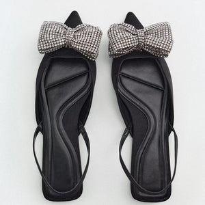 woloong  Summer Sandals Luxury Women New Cute Fashion Black Bow Tie Rhinestone Pointed Flat Sexy Slippers Plus Size 35-41