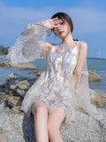Spring New Organza Embroidered Super Fairy Holiday Beach Jumpsuit Women Fashion Flare Sleeve Ruffles Wide Leg Rompers Bodysuit