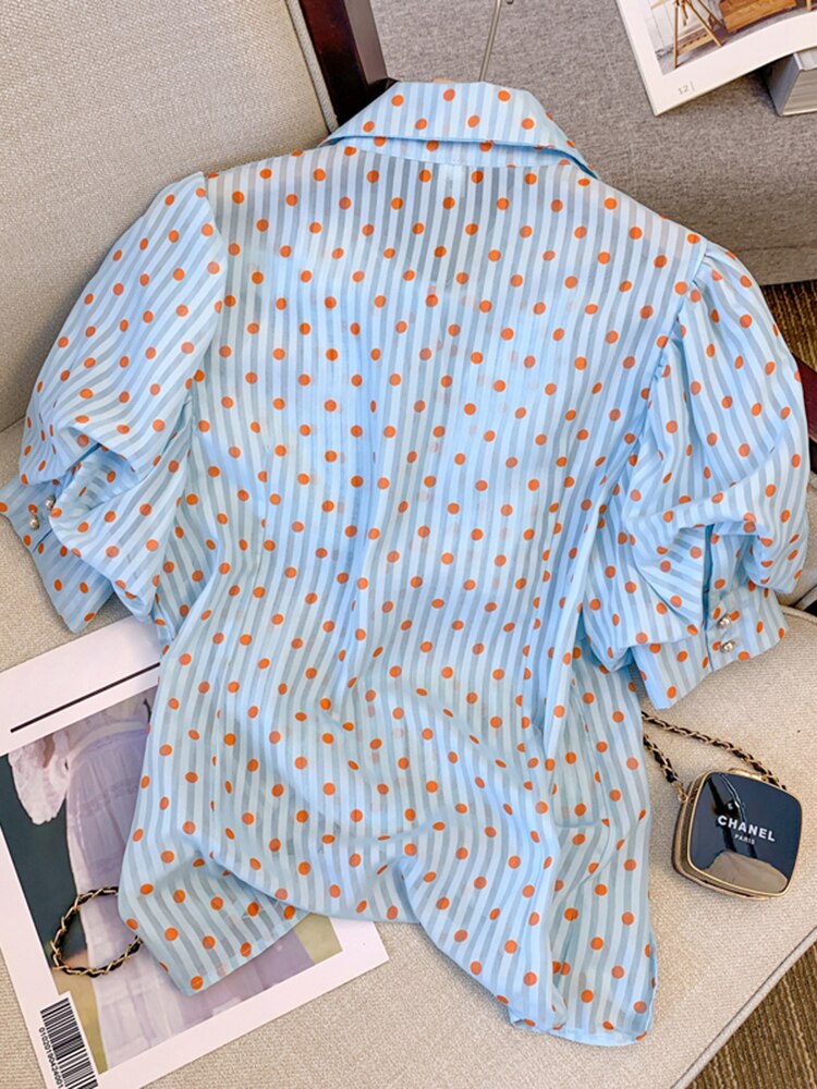 Button Up Shirt Women Tops Polka Dots French Blue Blouses Puff Sleeve Turn-Down Collar Chic Sweet Casual Summer New