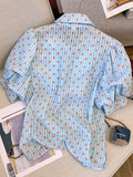 Button Up Shirt Women Tops Polka Dots French Blue Blouses Puff Sleeve Turn-Down Collar Chic Sweet Casual Summer New