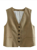 Linen V-neck Vest High Waist Shorts Sets Single Breasted Sleeveless Blazer Shorts 2 Pcs Set Women Fashion Commuter Suits