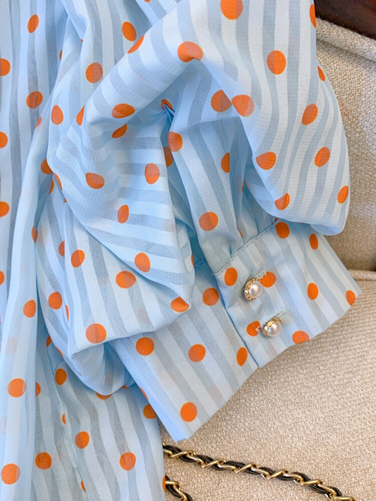 Button Up Shirt Women Tops Polka Dots French Blue Blouses Puff Sleeve Turn-Down Collar Chic Sweet Casual Summer New