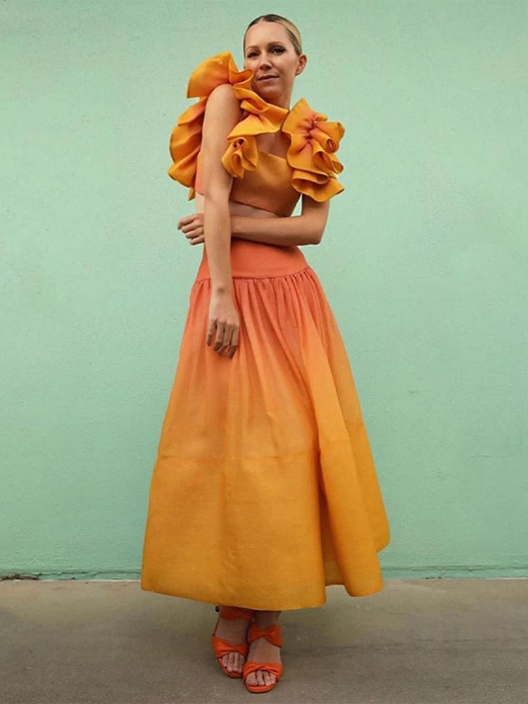 Rainbow Holiday Skirt Suit Female Flounce Sleeve Skinny Crop Top And Elastic High Waist Pleated Skirts 2 Pieces Set Women Party