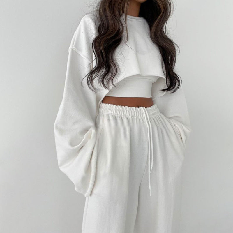woloong  White Three Piece Set For Women O Neck Long Sleeve Tops Sleeveless Vest Wide Leg Pants Female Casual Sets New