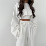 woloong  White Three Piece Set For Women O Neck Long Sleeve Tops Sleeveless Vest Wide Leg Pants Female Casual Sets New