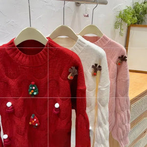 Christmas Tree Appliques Loose Pullovers Women O-neck Long Sleeve Knitted Sweaters Female Autumn Winter New Arrival Pull Femme New Year