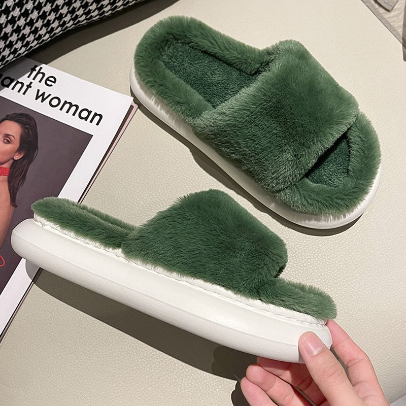 goosudu Thick Fluffy Fur Slippers New Women Winter House Warm Furry Slippers Women Flip Flops Home Slides Flat Indoor Floor Shoes