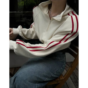 Apricot Women Sweatshirt Coat Solid Stripe Vintage Long Sleeve Short Korean Fashion Casual Y2K Style  NEW Autumn Female Tops