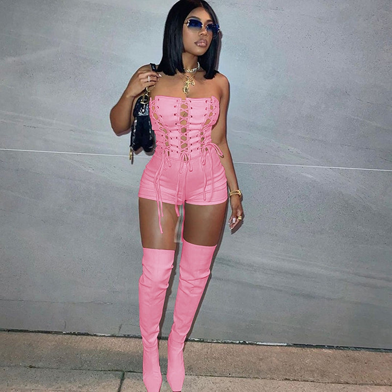 goosudu Lace Up Sexy Jumpsuit Women Club Outfits Elegant Romper Shorts Jumpsuit Bodycon Playsuit One Piece Summer Overalls for Women