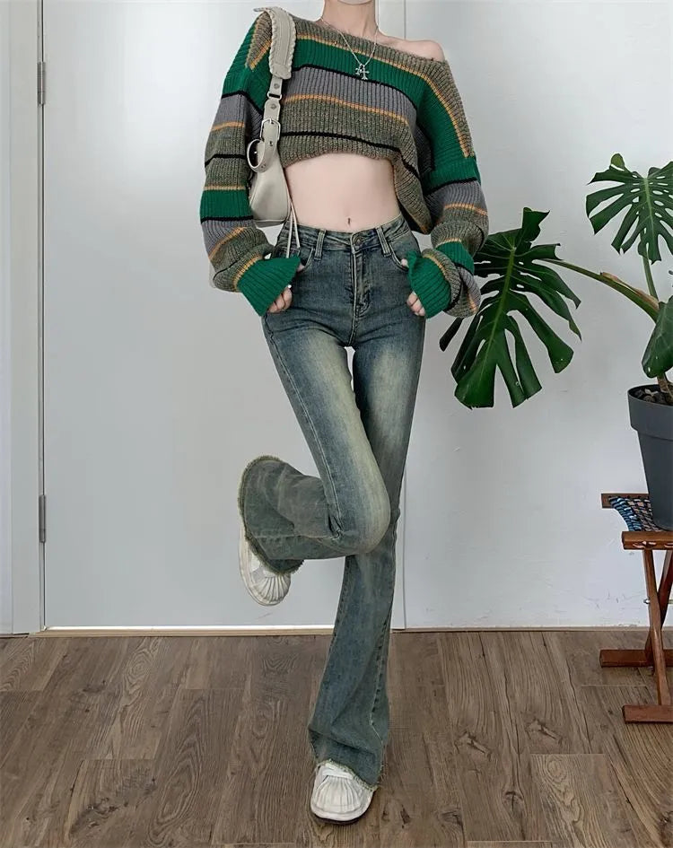 Flare Jeans Women Skinny High Waist Aesthetic Y2k Clothes Denim Trousers Vintage Washed Retro Mopping Korean Fashion Street New