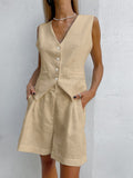 Cotton Linen Vest Shorts White Blue Sets Sleeveless Button V-neck Waistcoat 2 Pieces Set Womens Elegant Top Shorts Suits