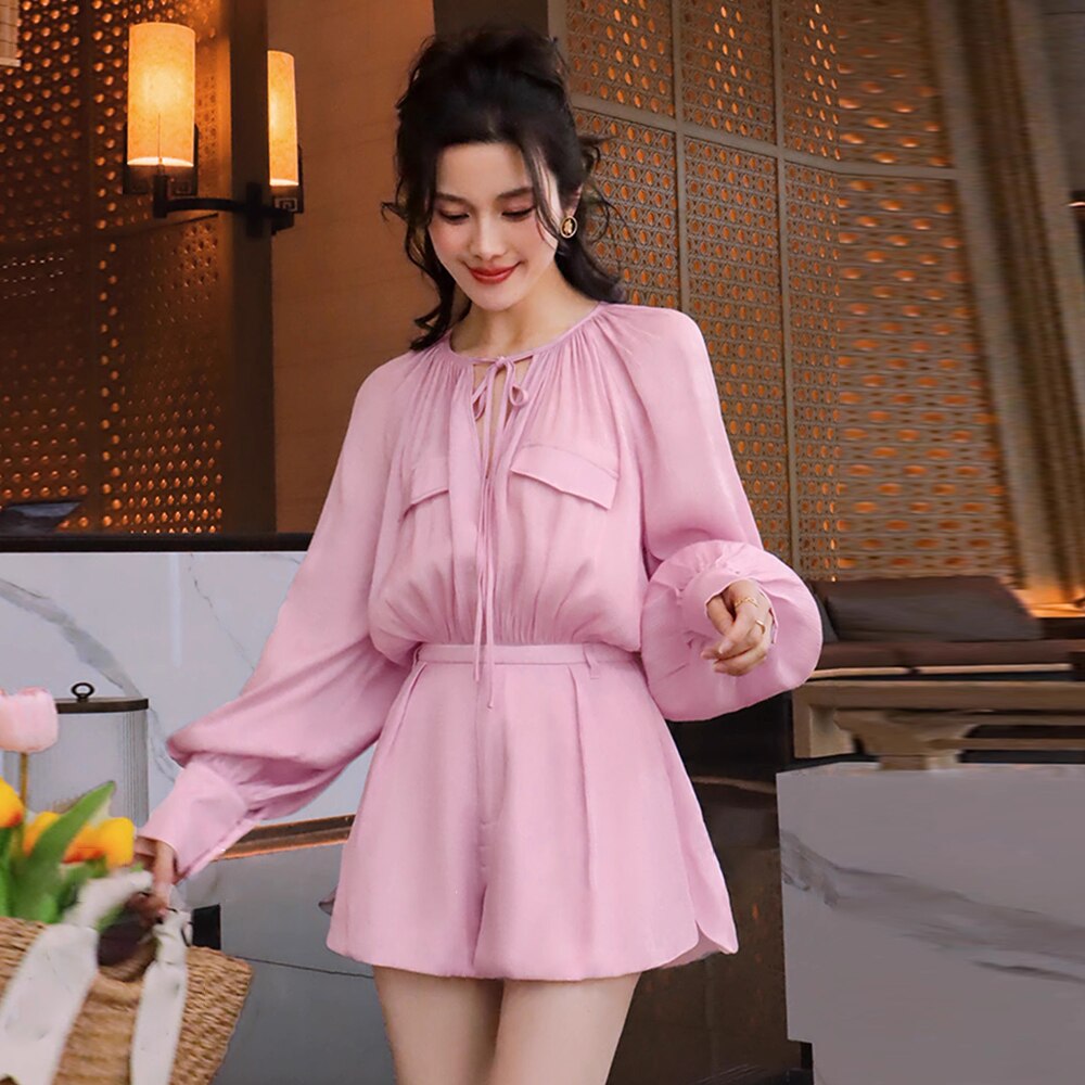 Patchwork Lace Up Jumpsuit For Women V Neck Lantern Sleeve High Waist Shorts Casual Jumpsuit Female Fashion