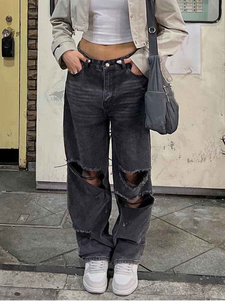 Women Hole Jeans Pants 90s Vintage Baggy Straight Denim Trousers Y2k Clothing High Waist Looes Casual Long Pants Streetwear New
