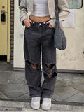 Women Hole Jeans Pants 90s Vintage Baggy Straight Denim Trousers Y2k Clothing High Waist Looes Casual Long Pants Streetwear New
