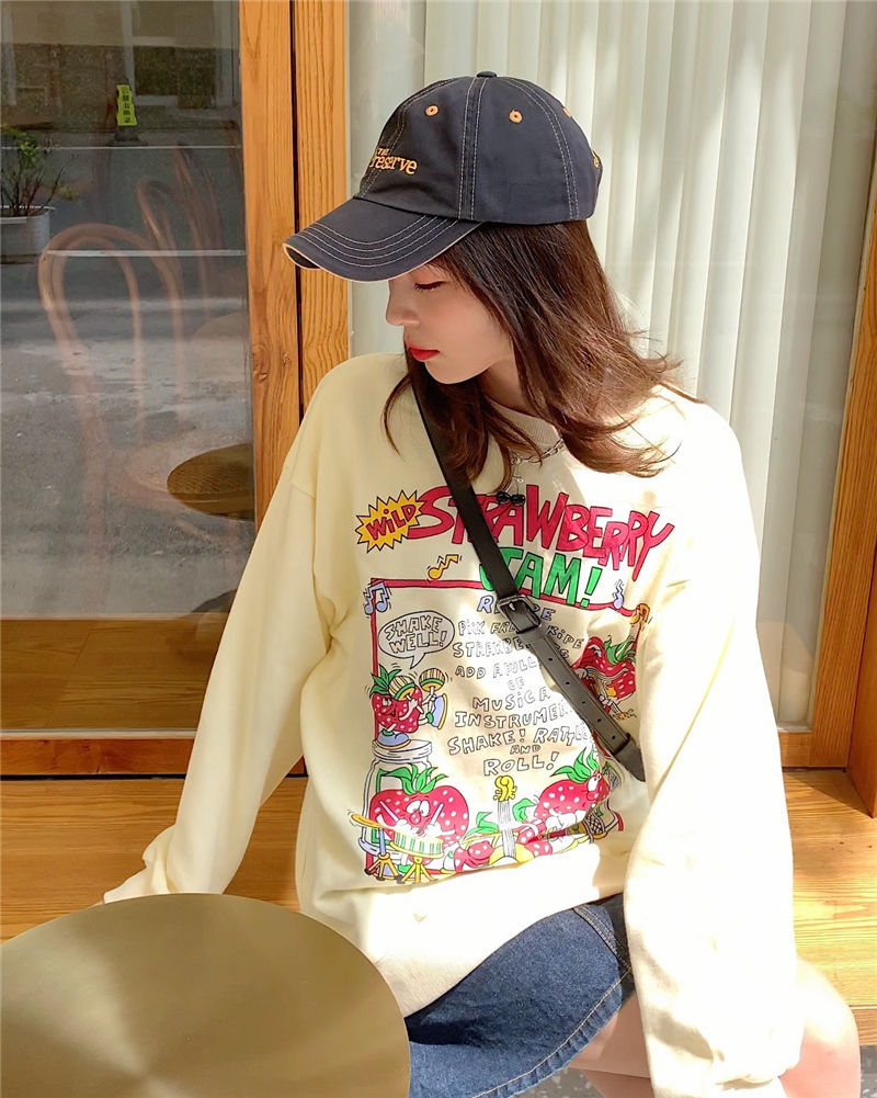 woloong Kawaii Rose Red Cartoon Letter Print Sweatshirt Vintage Streetwear Fashion Tops New O-neck Casual Teens Clothes Goth Punk