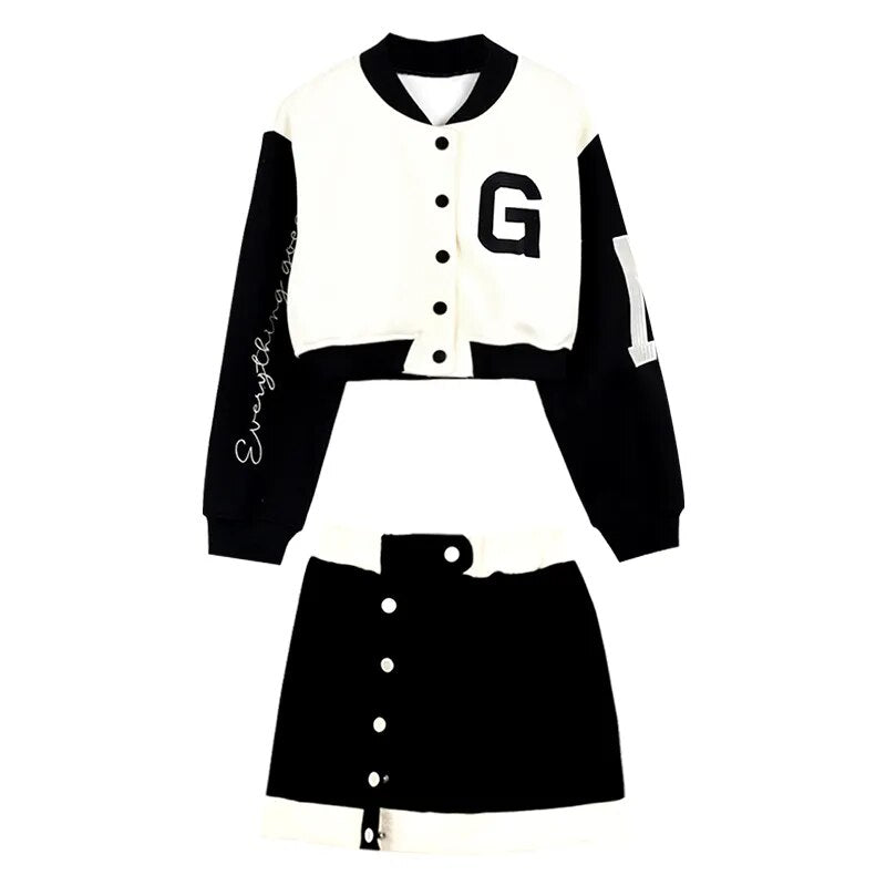 New Casual 2 Piece Set Women Loose Hoodie Vintage Baseball Jacket High Waist Mini Skirts Two Piece Suits