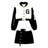 New Casual 2 Piece Set Women Loose Hoodie Vintage Baseball Jacket High Waist Mini Skirts Two Piece Suits