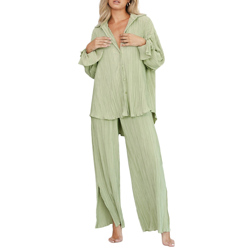Women Two-piece Pleated Pants Suits Casual Chic Solid Color Long Sleeve Button down Shirts and Straight Leg Trousers Set