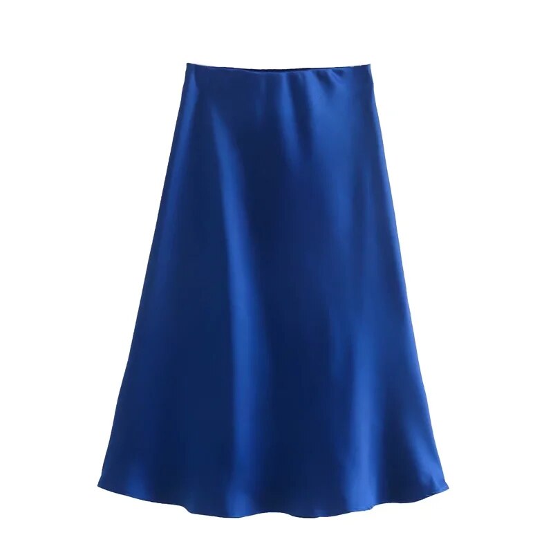 woloong  Summer Women Satin Elastic Waist Side Slit A-Line Skirt New Fashion Lady Button Decoration Falda Midi LUJIA ALAN P1597