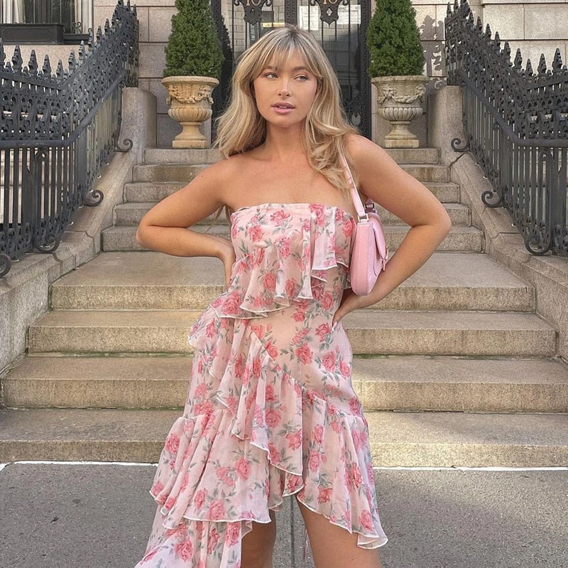 Elegant Party Dresses Y2k Sexy Halter Sleeveless Robe Floral Print Ruffle Vintage Midi Dress New Arrival Vestidos
