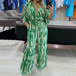 Summer Striped Print Waisted Romper Women Fashion V-neck Half Sleeve Jumpsuit Ladies Casual Wide Leg Pant Playsuit Overalls