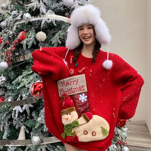 Christmas Red Loose Sweaters Mujer  Autumn New Thicked Warm Knitted Pullovers Y2k Long Sleeve Lazy Tops Women New Year