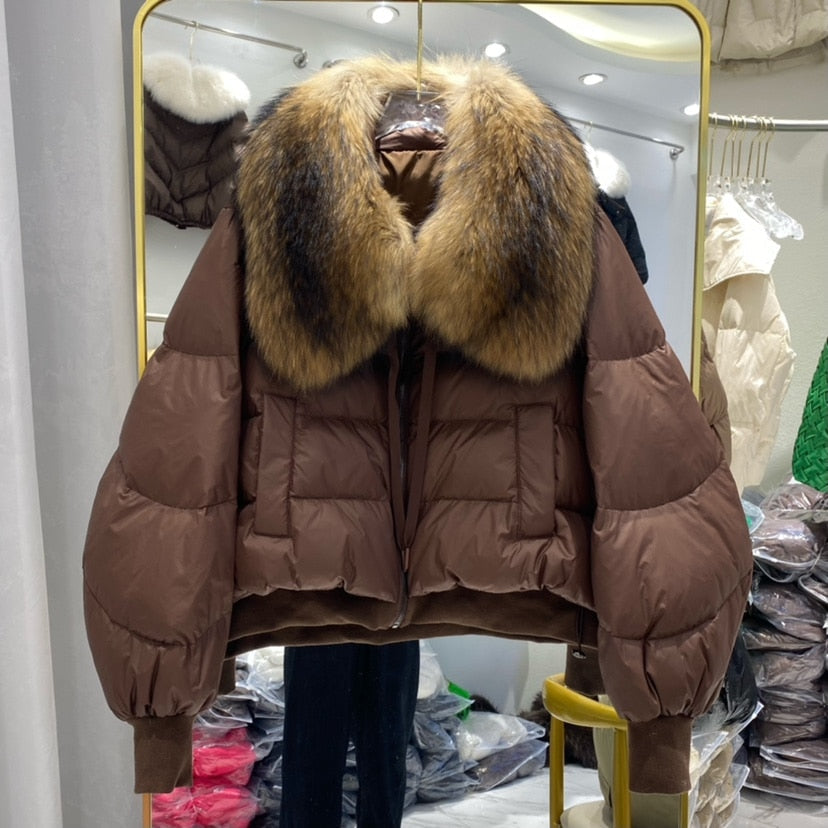 European Version Winter New Light Luxury All-match Big Fur Collar Loose Women's Long-Sleeved Bread Korean Version Down Jack