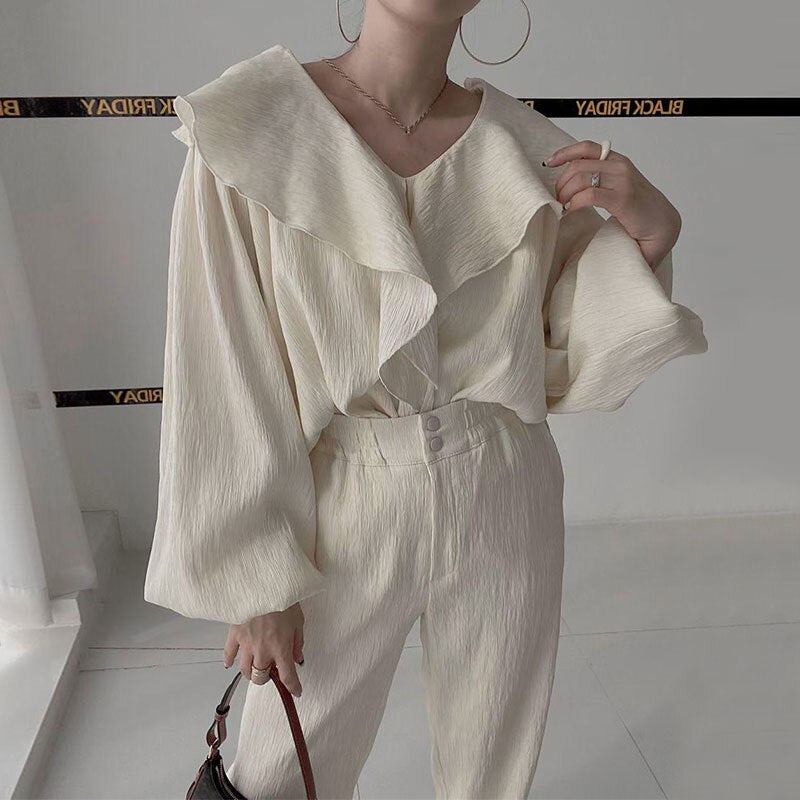 Ruffle Spliced V-neck Shirt + High Waist Wide Leg Pants Set Female  Autumn New Women Solid Loose Two-piece 16T577