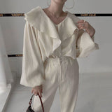 Ruffle Spliced V-neck Shirt + High Waist Wide Leg Pants Set Female  Autumn New Women Solid Loose Two-piece 16T577