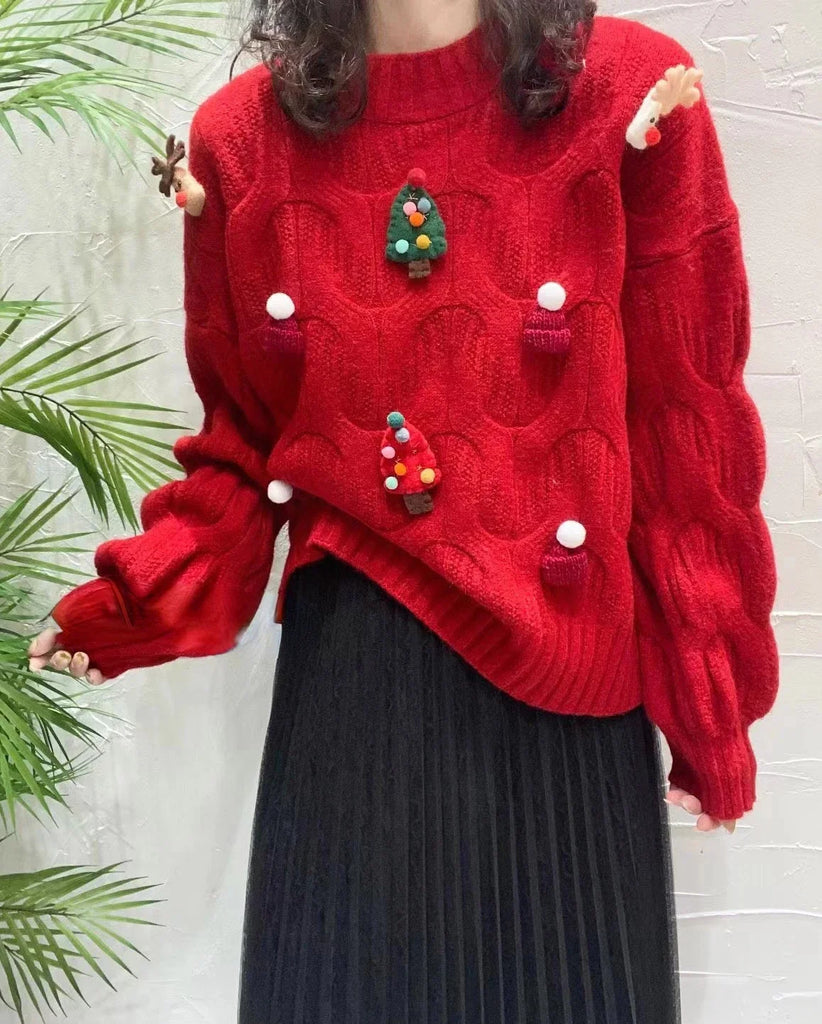 Christmas Tree Appliques Loose Pullovers Women O-neck Long Sleeve Knitted Sweaters Female Autumn Winter New Arrival Pull Femme New Year