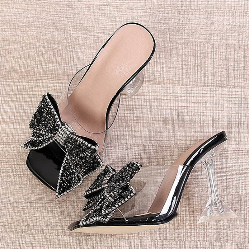 New Transparent Slippers For Women Fashion Silver Crystal Bowknot High Heels Female Mules Slides Summer Sandals Shoes