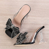 New Transparent Slippers For Women Fashion Silver Crystal Bowknot High Heels Female Mules Slides Summer Sandals Shoes