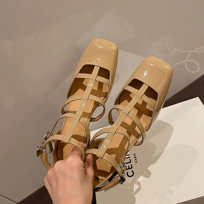 Fashion Sandals Women New High Real Genuine Leather Square Head Slim Strap Buckle Roman Style High Heels Summer Versatile