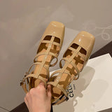 Fashion Sandals Women New High Real Genuine Leather Square Head Slim Strap Buckle Roman Style High Heels Summer Versatile
