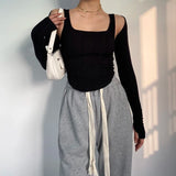 Women Striped Stitching Slim T-shirt Female 2 In 1 Shrug Set Co-ord Crop Shrug And Corset Tank Tops Set Y2k Streetwear New