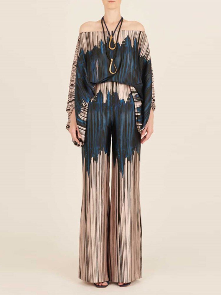 Satin Printing Off Shoulder Commuting Suits Fashion Tops Long Pants 2 Piece Sets  Women Spring Summer Loose Casual Outfits