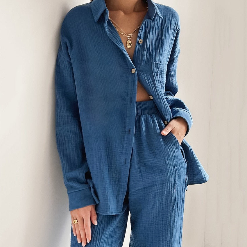 Cotton Women's Home Clothes Loose 2 Piece Sets Long Sleeve Sleepwear Female Casual Trouser Suits Autumn Pajamas