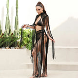 Tassel Hand Crochet Knitted Women Bikini Cover Ups  Summer Holiday Beach Bathing Suit Sexy Hollow Out Skirts Matching Set