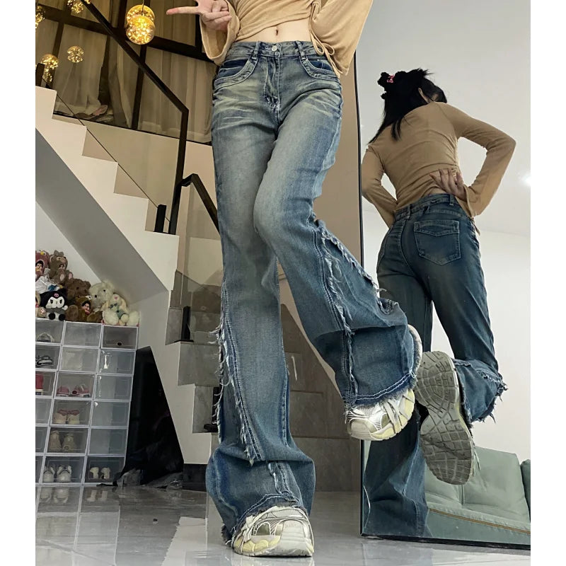 Vintage Blue Women Jeans High Waist Chic American Fashion Y2K Streetwear Wide Leg Jean Female Trouser  NEW Baggy Denim Pants