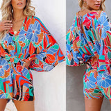 Leopard Print Bowknot Wide Leg Romper Overalls Casual Loose Summer V Neck Playsuits Short Jumpsuits Pockets