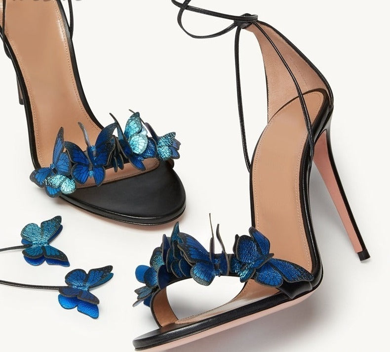 woloong Green Yellow Butterfly Sandals Back Lace Up Blue Red Thin High Heel Sandals New Summer Shoes For Women Stilettos Sandals