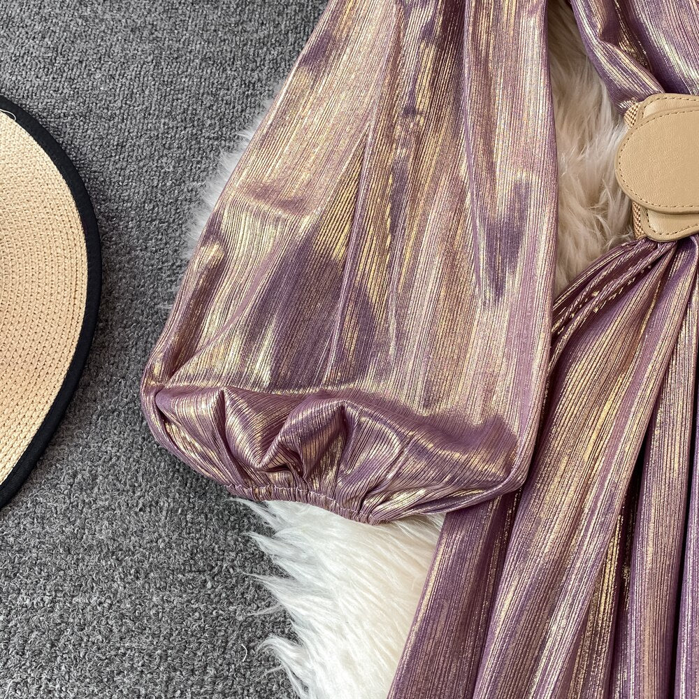 Spring New Women French Loose Midi Dress With Belt Elegant Long Sleeve A-line Lady Clothes  Autumn Female Birthday Party Robe