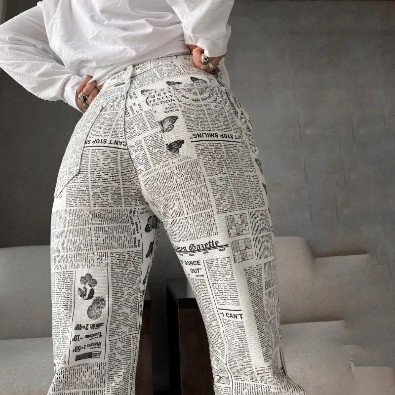 Fashion Newspaper Letter Printed Straight Denim Pants New Streetwear High Waist All-Match Jeans for Women Trousers