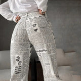 Fashion Newspaper Letter Printed Straight Denim Pants New Streetwear High Waist All-Match Jeans for Women Trousers