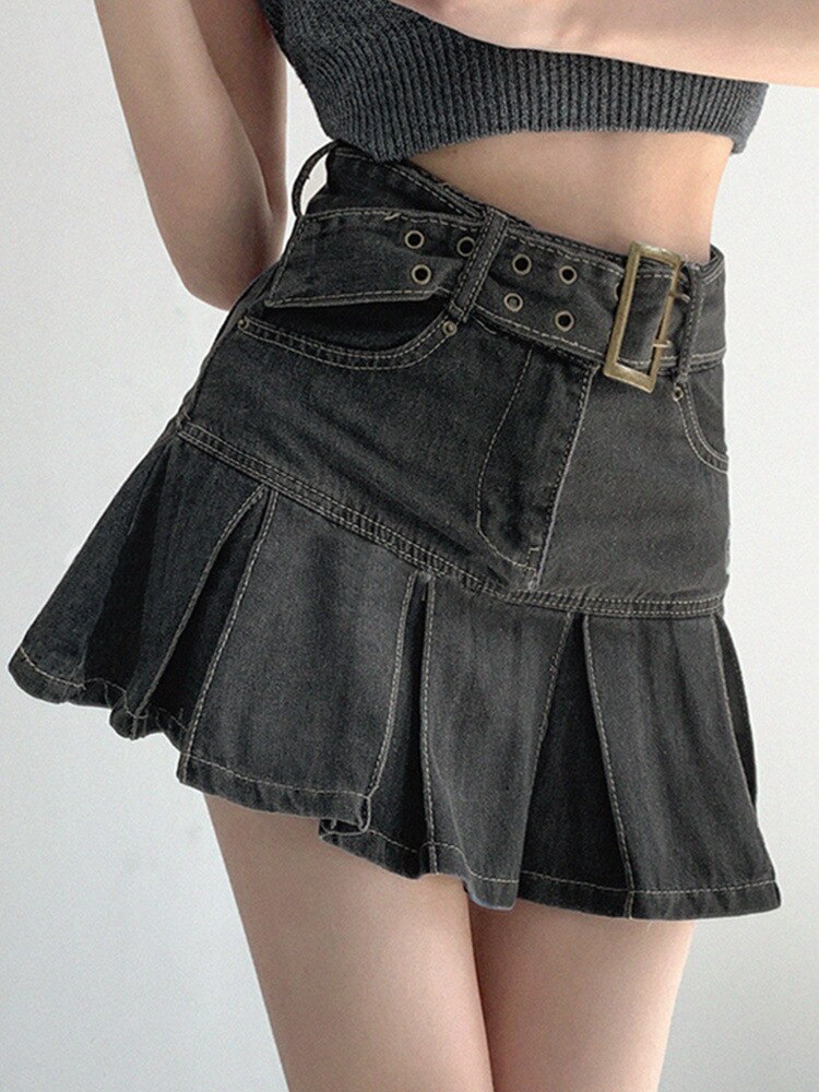 Summer New Denim Short Skirt Women Retro Sexy High Waist A-line Pleated Skirt Ladies Korean Fashion Hot Girl Style Skirt
