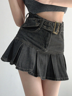 Summer New Denim Short Skirt Women Retro Sexy High Waist A-line Pleated Skirt Ladies Korean Fashion Hot Girl Style Skirt