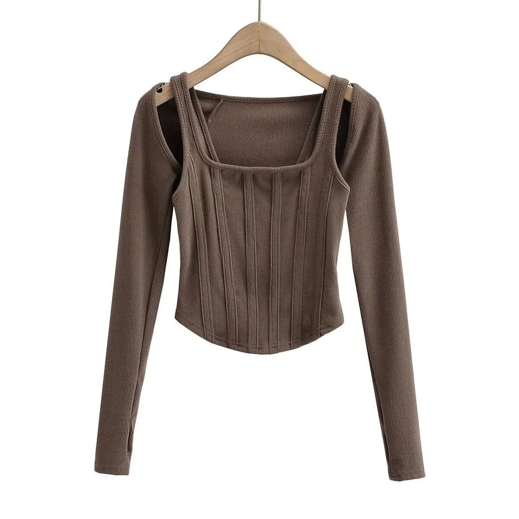 Women Striped Stitching Slim T-shirt Female 2 In 1 Shrug Set Co-ord Crop Shrug And Corset Tank Tops Set Y2k Streetwear New