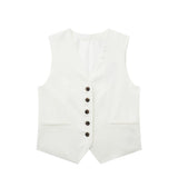 Linen V-neck Vest High Waist Shorts Sets Single Breasted Sleeveless Blazer Shorts 2 Pcs Set Women Fashion Commuter Suits
