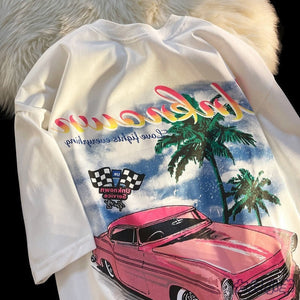 New Sweet Pink Car Print 90s Vintage Graphic T Shirts Hip Hop Women Girls Street Fashion Oversized T-shirt Summer Cotton Y2k Top
